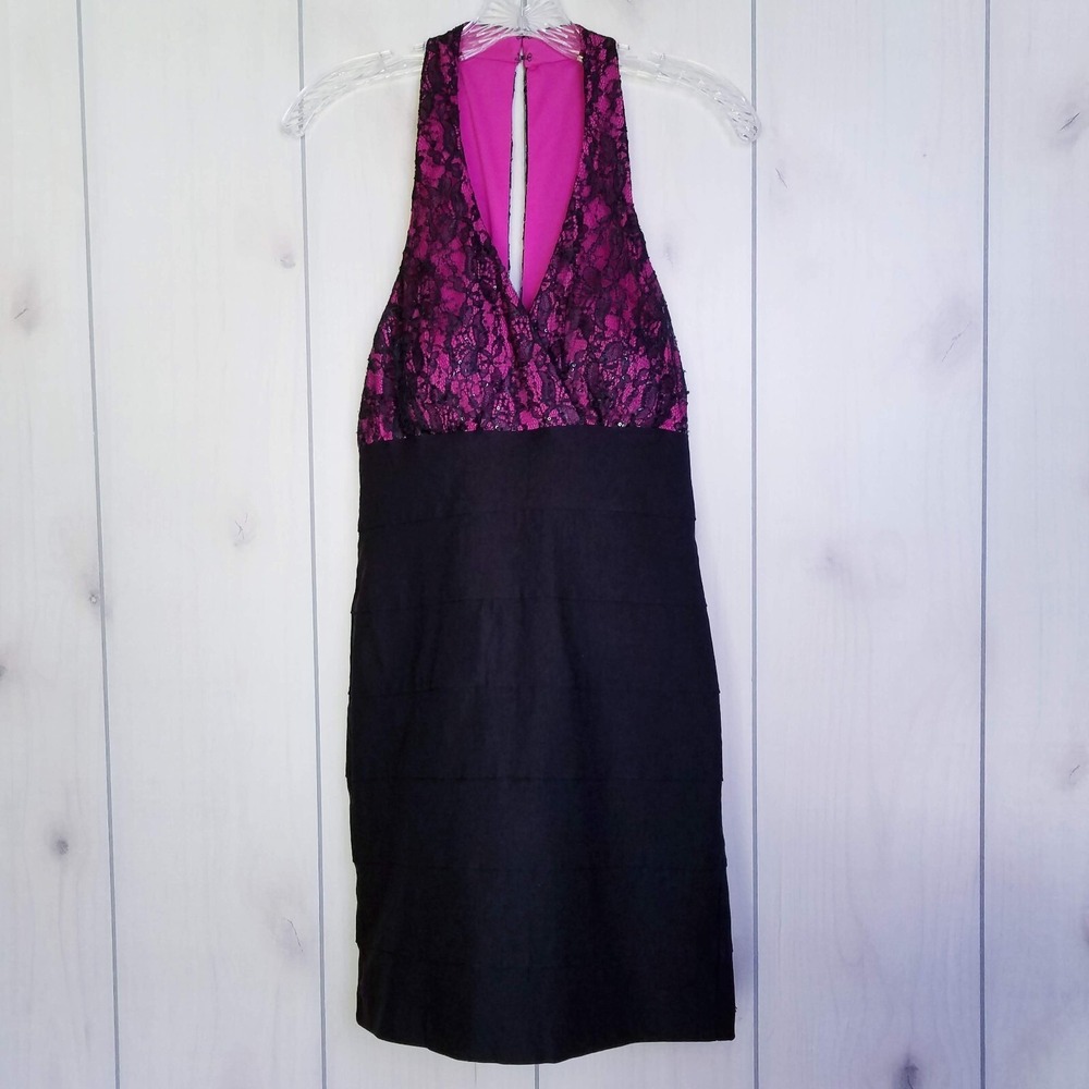 Trixxi Women Pink Black Lace Sequin Tiered Halter Cocktail Dress 11 HOCO Prom